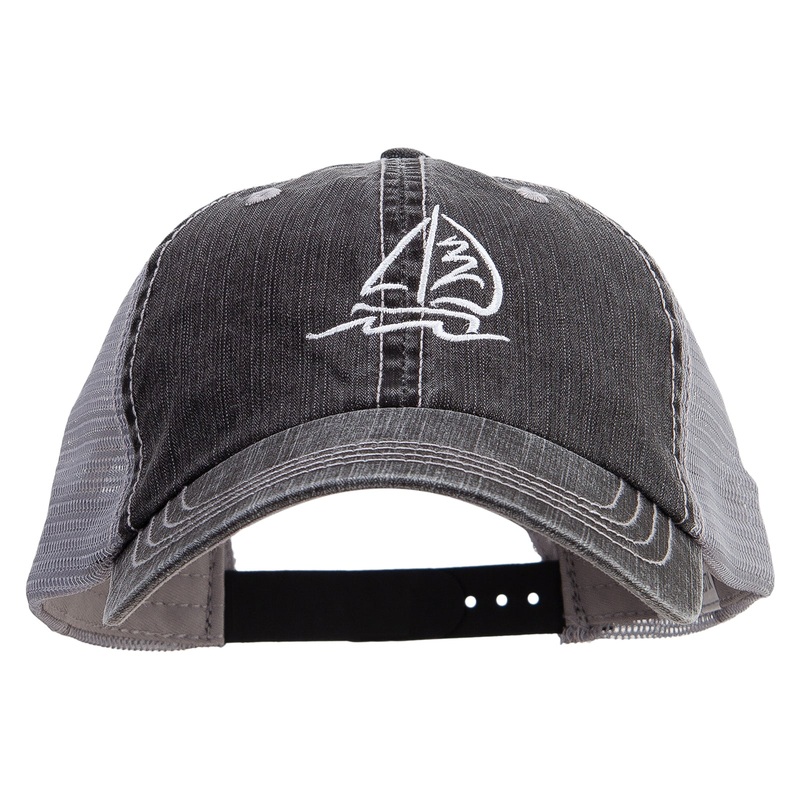Sailboat Wave Embroidered Mesh Big Size Special Cotton Low Profile Trucker Cap Black XL-3XL