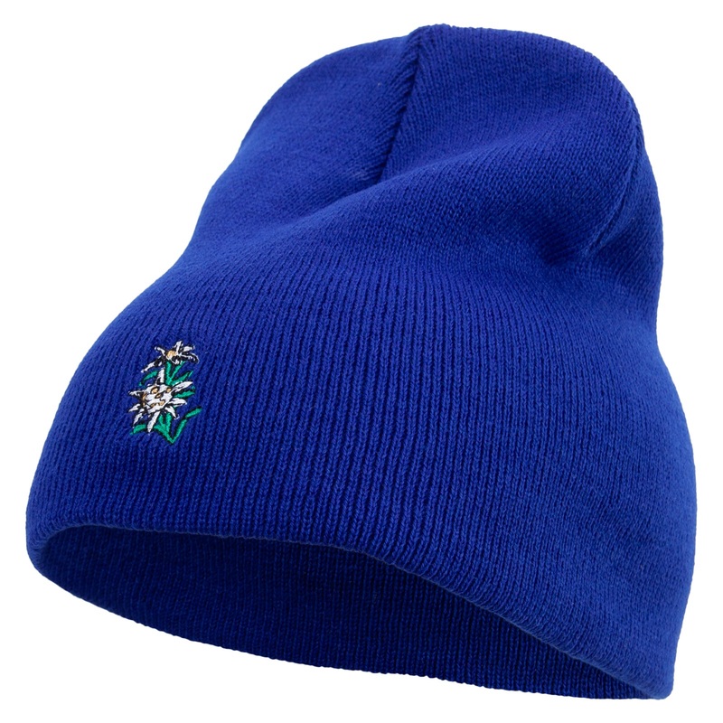 Switzerland Edelweiss Flower Embroidered 8 Inch Short Beanie Royal One Size