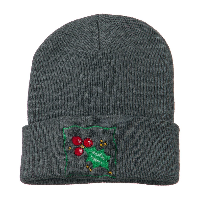Christmas Mistletoe with Frame Embroidered Beanie Grey One Size