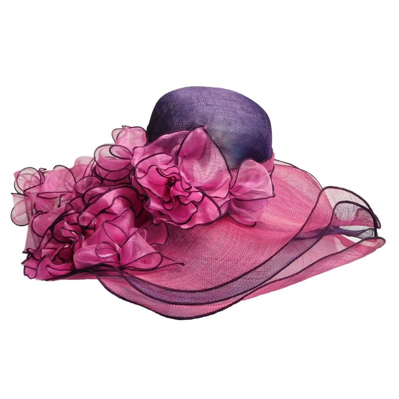 Layered Sinamay Hat with Sheer Flowers Purple