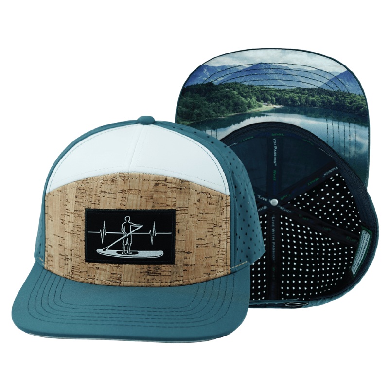 Paddle Board Hat – Flat Bill – Cork – Dark Teal / White – Laser Mesh