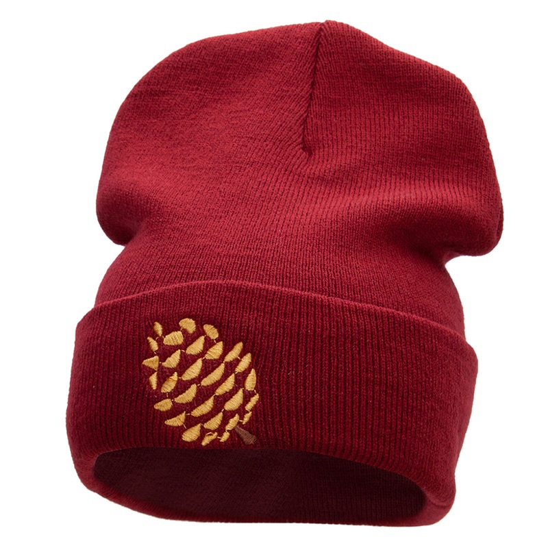 Pine Cone Embroidered 12 Inch Long Knitted Beanie Maroon One Size