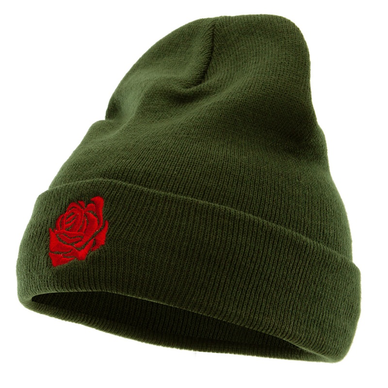 Rose Print Embroidered 12 Inch Long Knitted Beanie Olive One Size