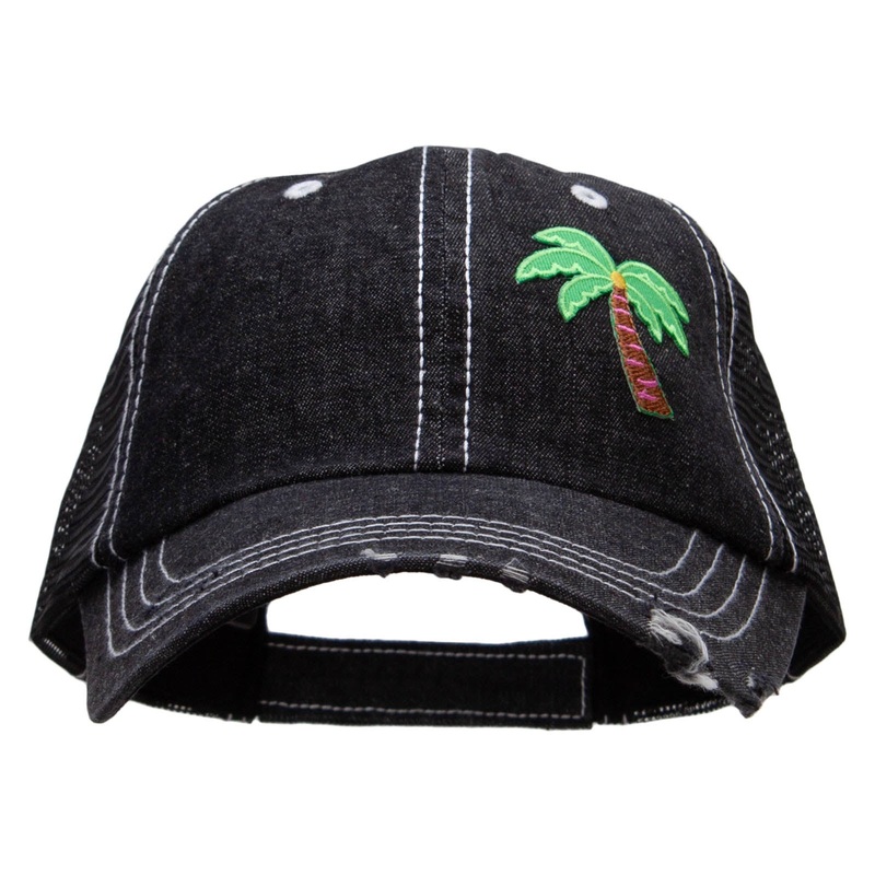 Small Palm Tree Patched 6 Panel Denim Frayed Mesh Cap Denim Black One Size