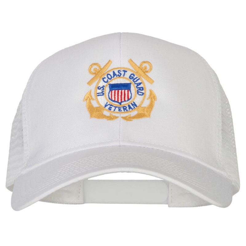 US Coast Guard Veteran Anchors Embroidered Solid Cotton Mesh Pro Cap White One Size