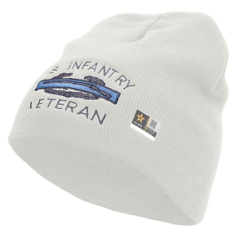 US Infantry Veteran Embroidered 8 Inch Knitted Short Beanie White One Size