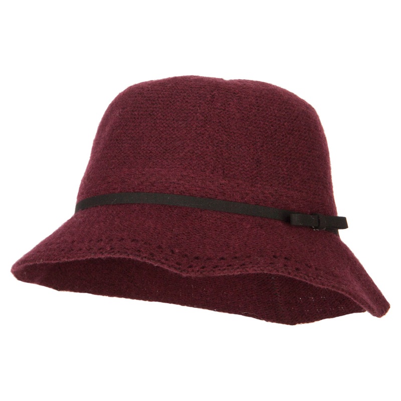Women’s Wool Tie Accented and Stitching Brim Edge Cloche Bucket Hat Burgundy One Size