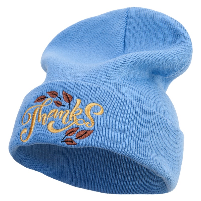 Artistic Style Thanksgiving with Leaves Embroidered 12 Inch Long Knitted Beanie Sky Blue One Size