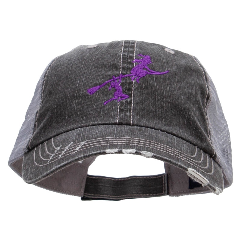 Flying Witch and Girl Embroidered Low Profile Special Cotton Mesh Cap Black One Size