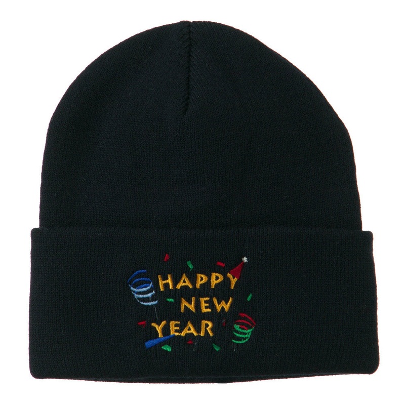 Happy New Year Embroidered Beanie Navy One Size