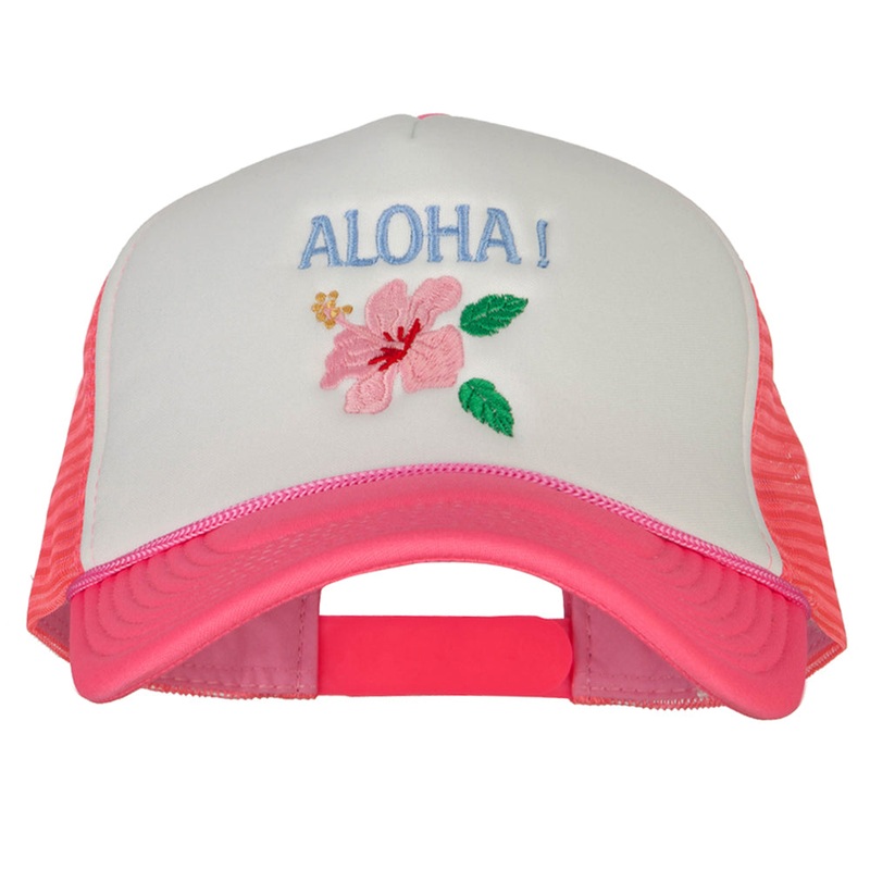 Hawaii Flower Aloha Embroidered Neon Polyester Big Size Mesh Cap Neon Pink XL-3XL