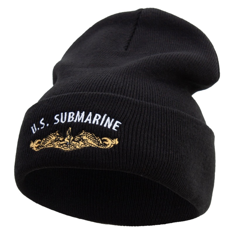 Made in USA Golden US Submarine Logo 12 Inch Solid Knit Cuff Long Beanie Black One Size