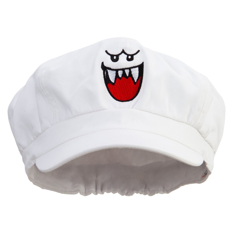Mario Ghost Face Embroidered Cotton Elastic Newsboy Cap White One Size