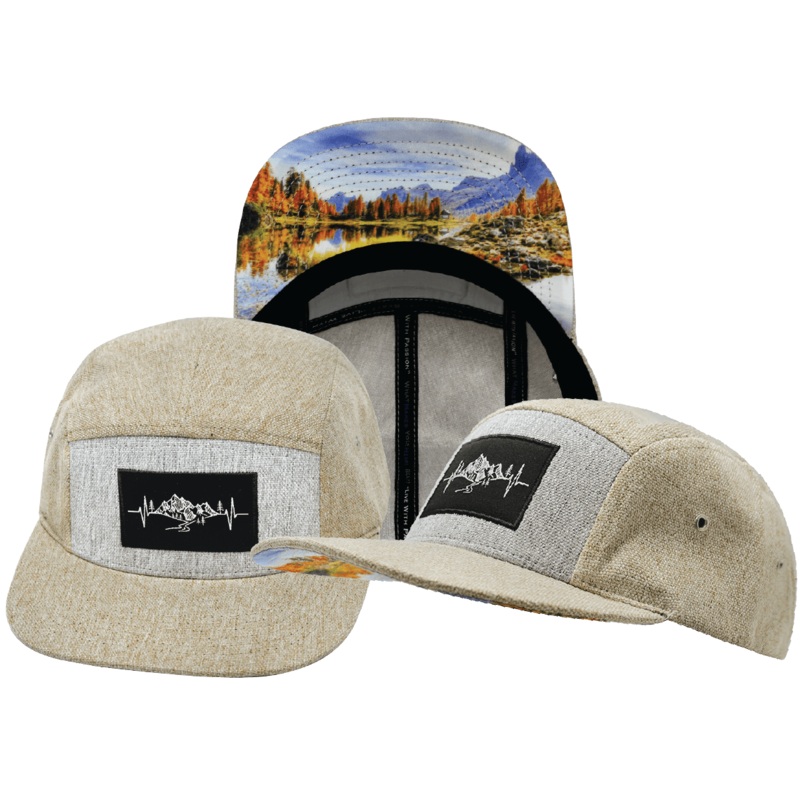Mountains Hat – 5 Panel – Cream Hemp / Gray Hemp – Fabric Back