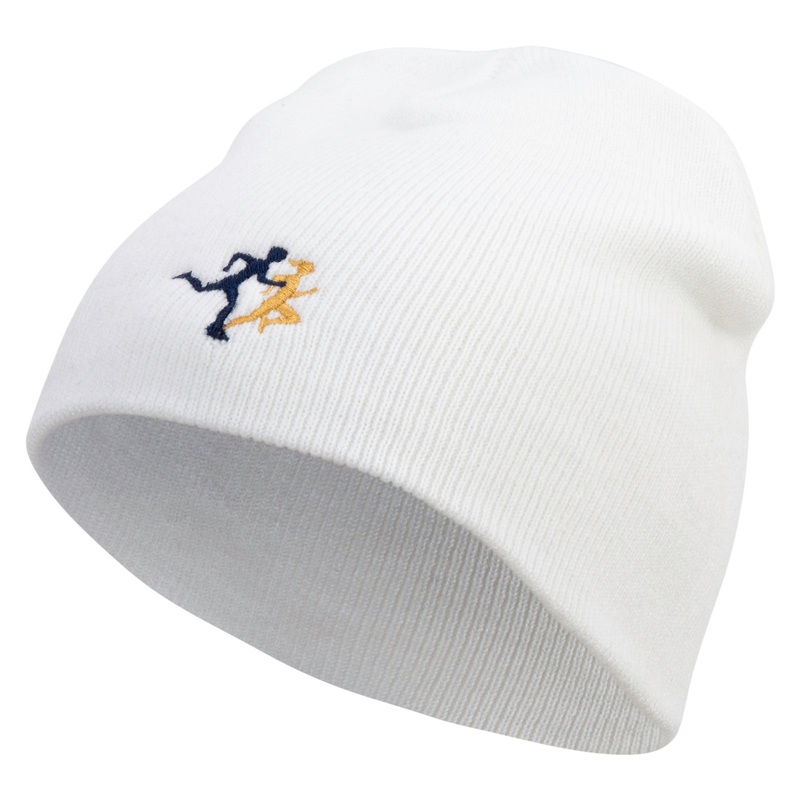 Running Logo Embroidered 8 Inch Knitted Short Beanie White One Size
