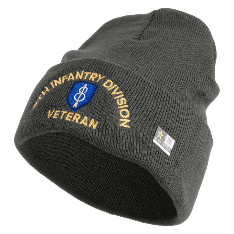 U.S. Army 8th Infantry Division Logo Embroidered 12 Inch Solid Knit Cuff Long Beanie Made in USA Charcoal One Size