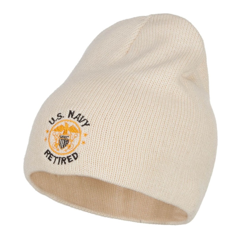 US Retired Circle Navy Symbol Embroidered XL Cotton Short Beanie Natural XL