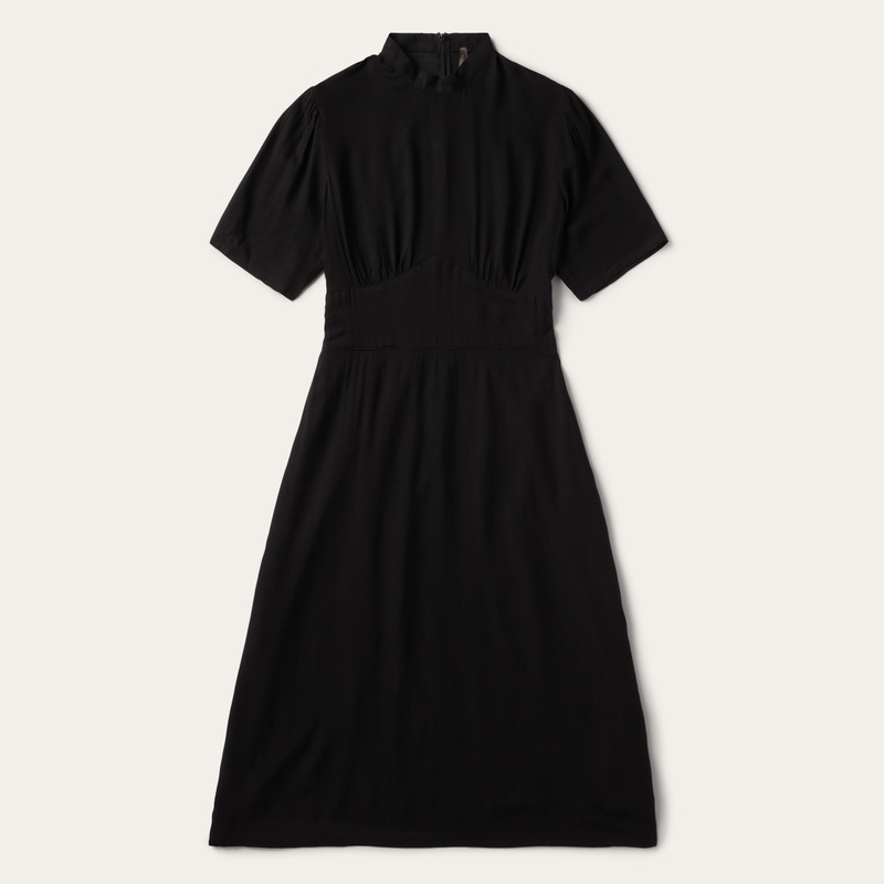Black Herringbone Twill Midi Dress Black 0