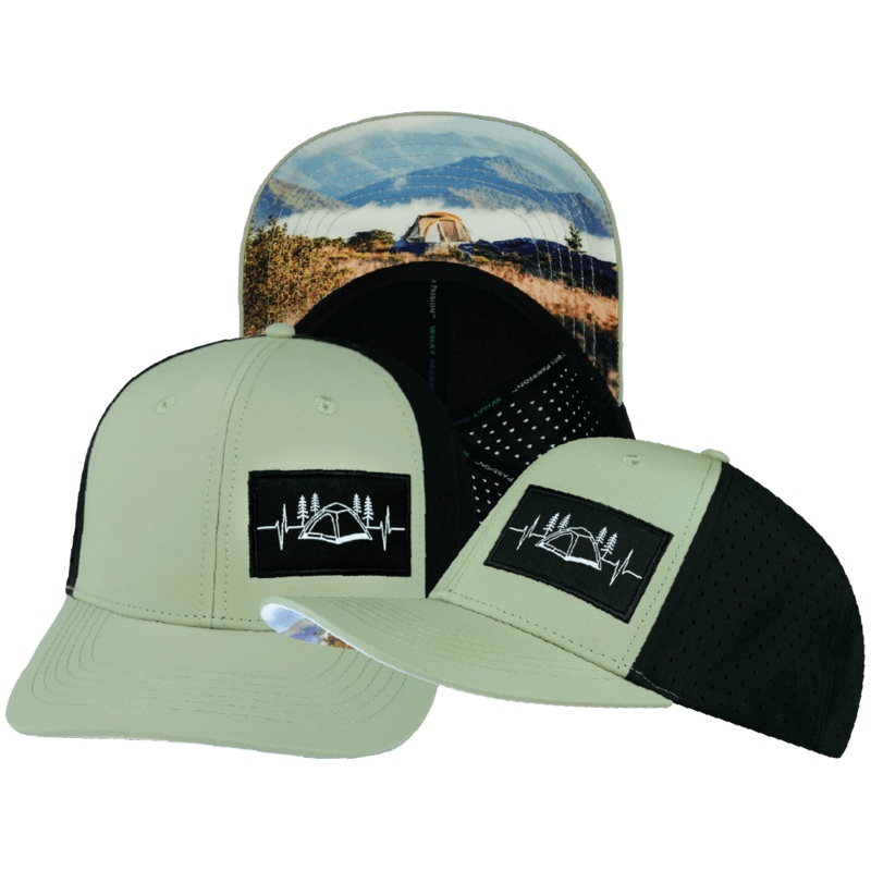 Camping Hat – Baseball Hat Fit – Sage / Black – Laser Mesh
