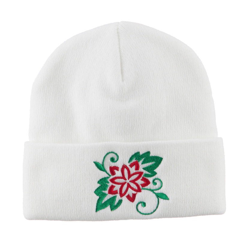 Christmas Poinsettia Flower Embroidered Long Beanie White One Size