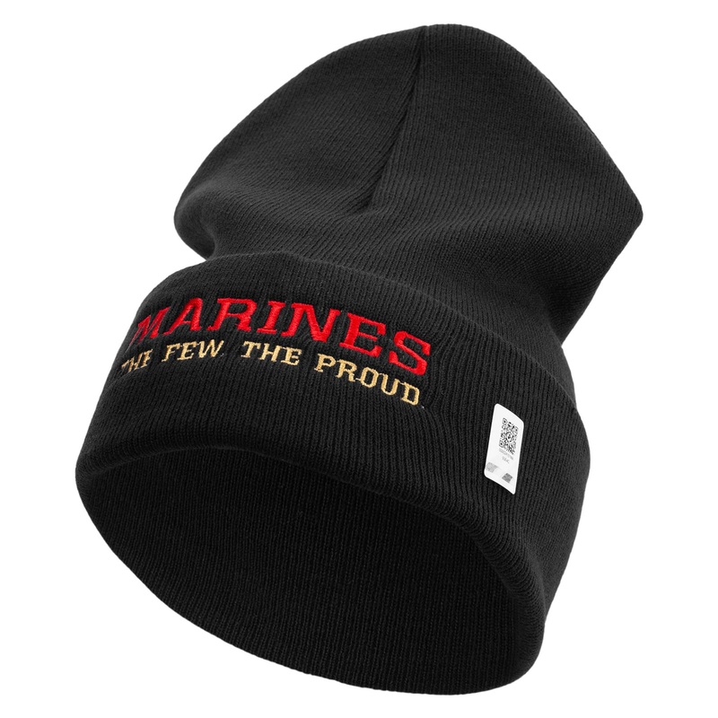 Marines The Few The Proud Logo Embroidered 12 Inch Solid Knit Cuff Long Beanie Made in USA Black One Size