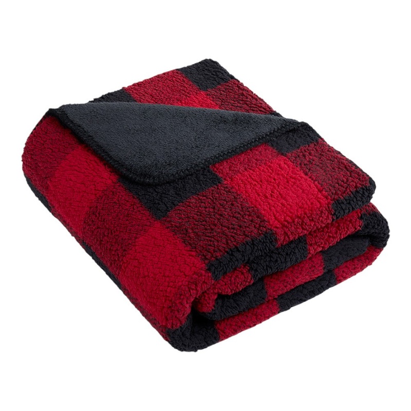 Port Authority BP48 Double-Sided Sherpa/Plush Blanket Black/ Red Buffalo Plaid