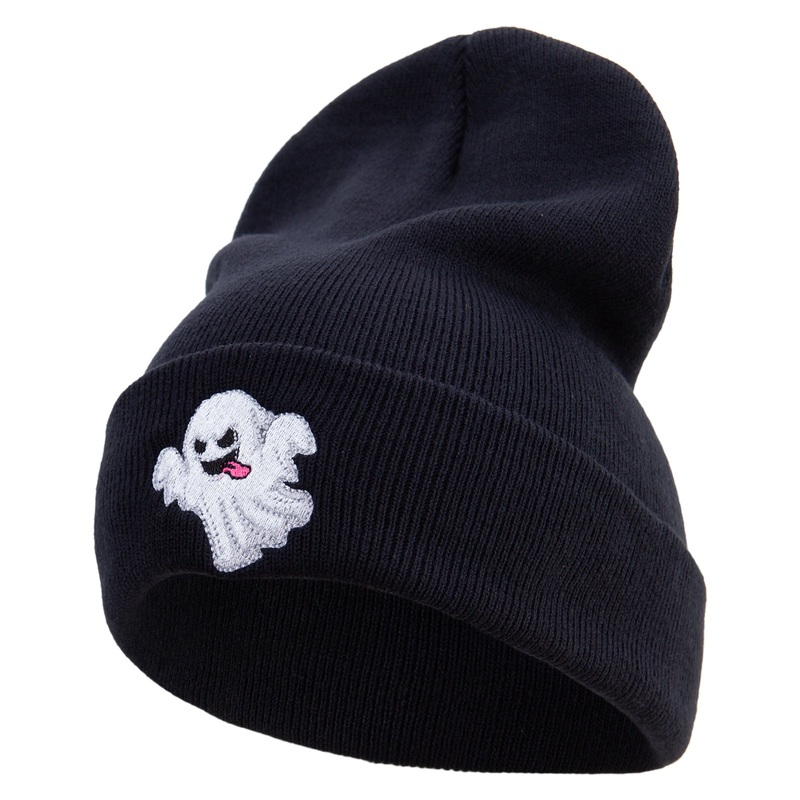 White Ghost Embroidered 12 Inch Long Knitted Beanie Black One Size