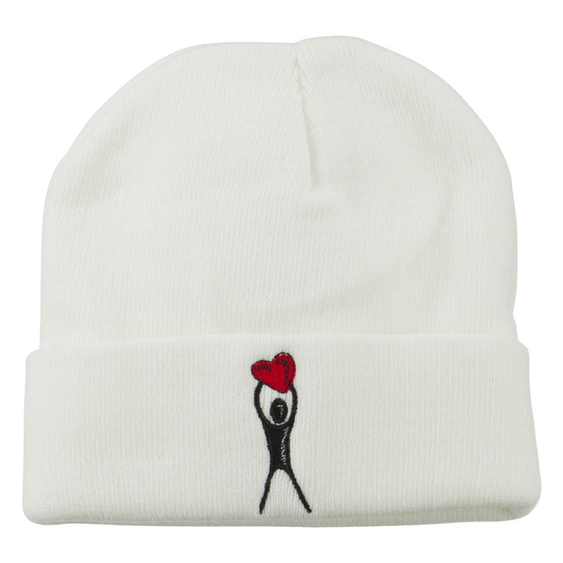 Breast Cancer Body Heart Embroidered Long Beanie White One Size