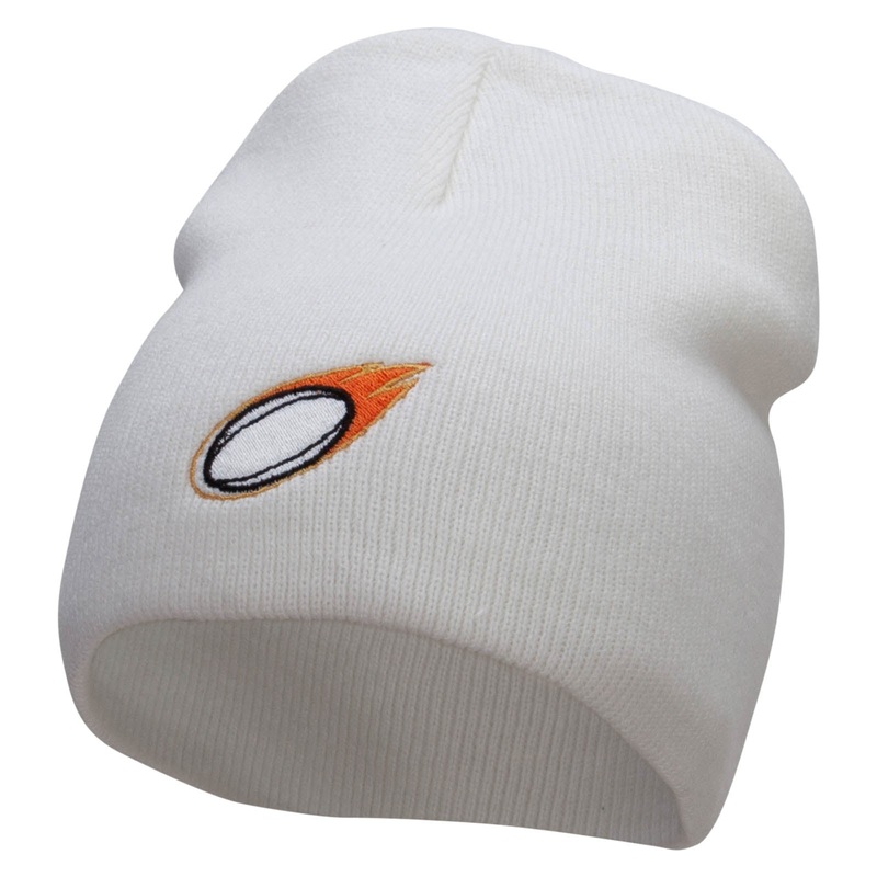 Flaming Rugby Embroidered 8 inch Acrylic Short Blank Beanie White One Size