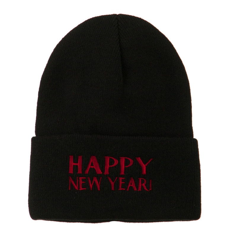 Happy New Year Embroidered Long Beanie Black One Size