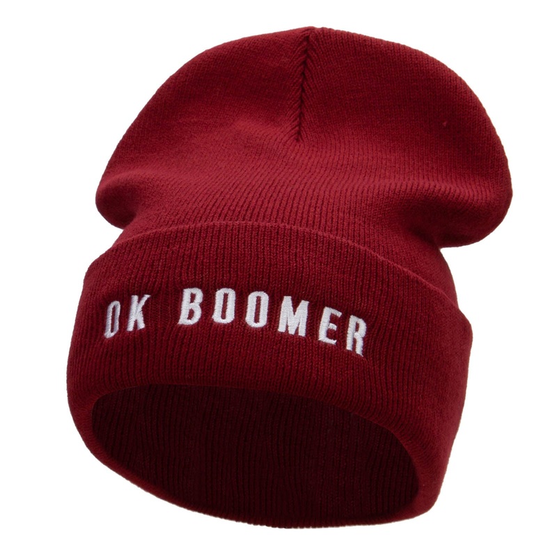 OK BOOMER Embroidered 12 Inch Long Knitted Beanie Maroon One Size