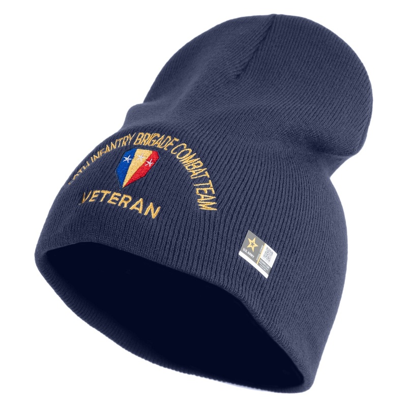 U.S. Army 50th Infantry Brigade Combat Team Symbol Embroidered 8 Inch Solid Knit Short Beanie Made in USA Navy One Size