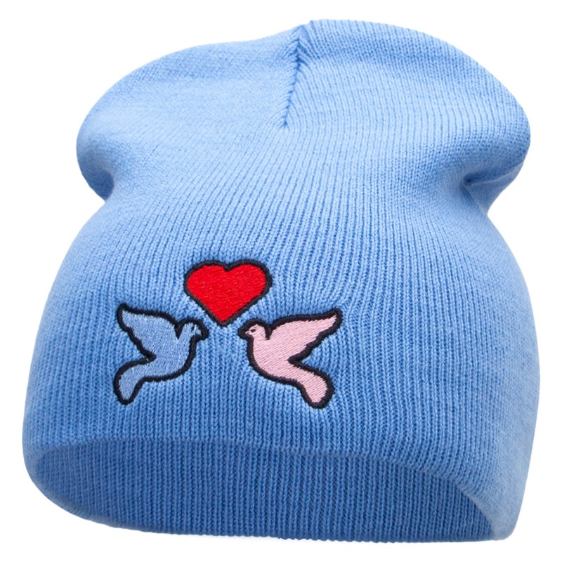 2 Love Birds Embroidered 8 Inch Short Beanie Sky Blue One Size