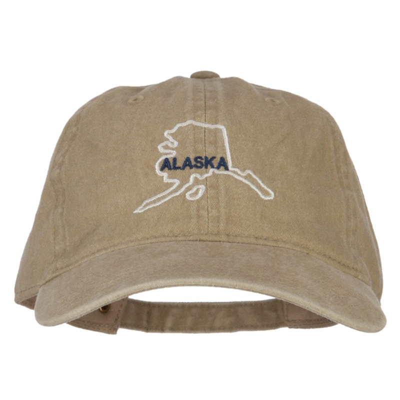 Alaska with Map Outline Embroidered Washed Cotton Cap Khaki One Size