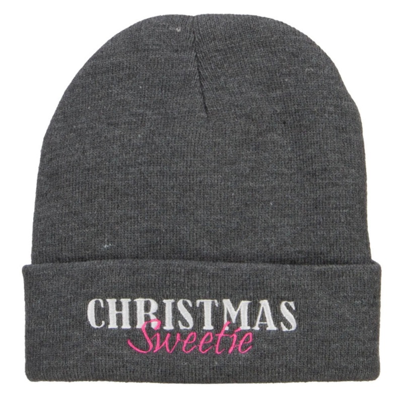 Christmas Sweetie Embroidered Long Beanie Dk Grey One Size