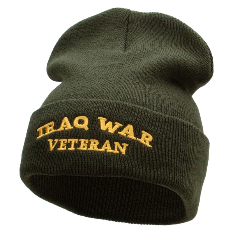 Iraq War Vet Embroidered 12 Inch Solid Long Beanie Made in USA Olive One Size