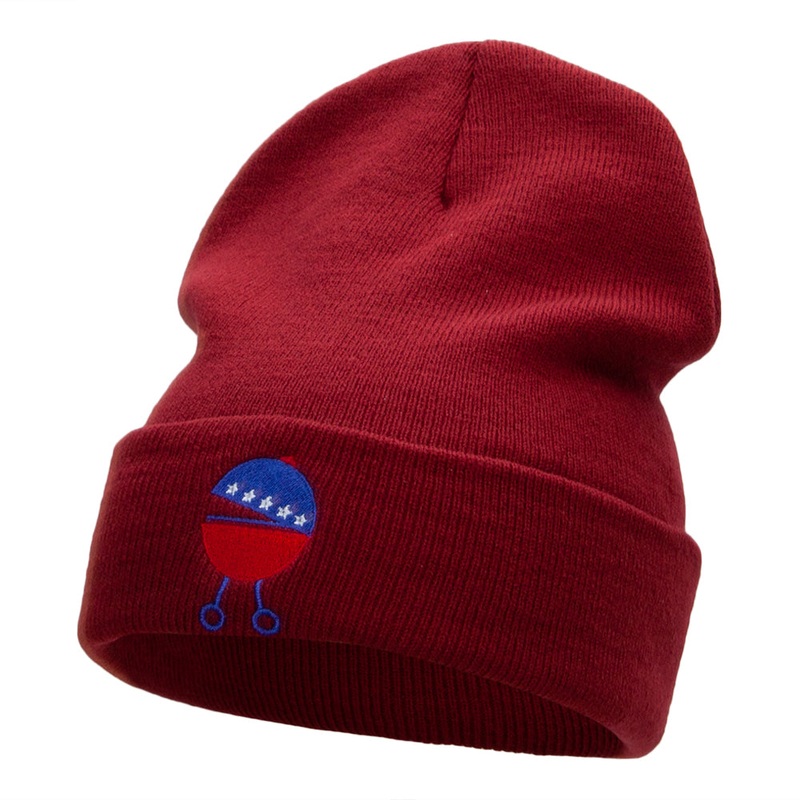Patriotic Grill Embroidered Long Knitted Beanie Maroon One Size