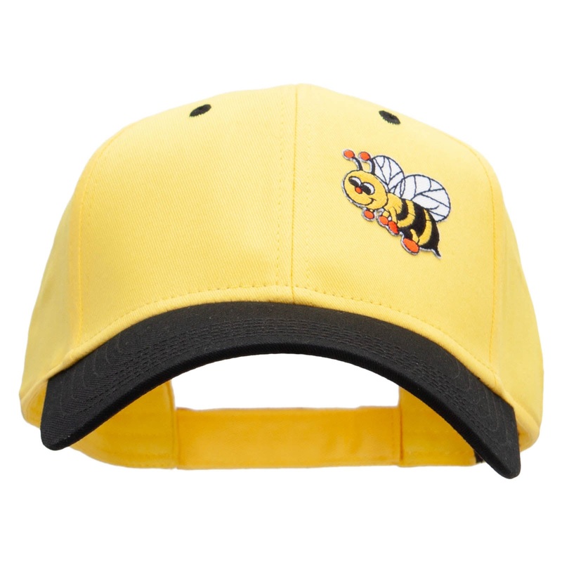 Smiling Bumble Bee Insect Patched Two Tone Cotton Twill Low Profile Strap Cap Black Yellow One Size