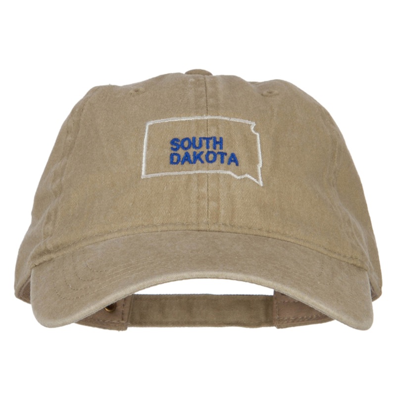 South Dakota with Map Outline Embroidered Washed Cotton Cap Khaki One Size