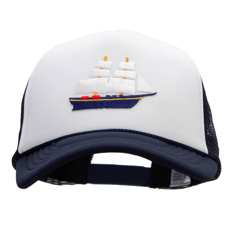 Tall Masted Ship Patched Summer Foam Mesh Trucker Cap Navy White One Size
