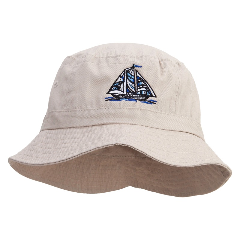 Blue Pattern Sail Boat Embroidered Bucket Hat Natural One Size