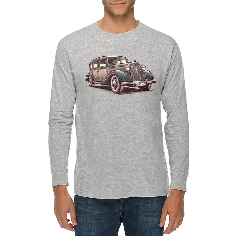 Classic Vintage Car Graphic Long Sleeve Crewneck Tee Heather Grey XS