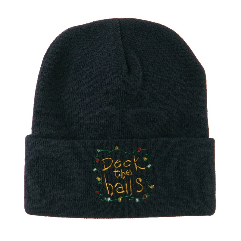 Deck the Halls with Lights Embroidered Beanie Navy One Size