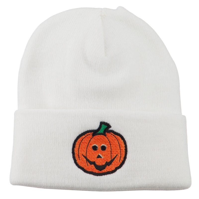 Halloween Jack o Lantern Embroidered Long Beanie White One Size