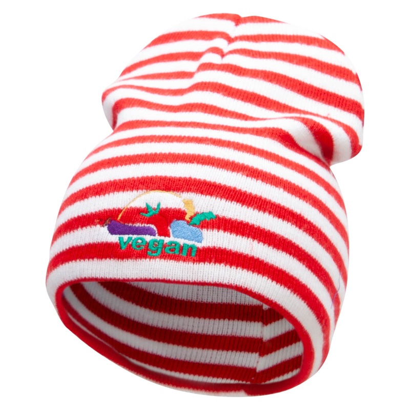 Made in USA Vegan Foods Embroidered Trendy Striped Beanie Red White One Size