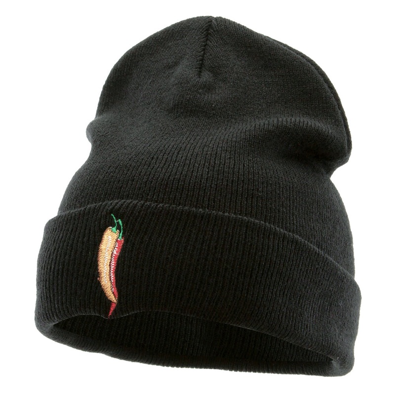 Red Orange Pepper Embroidered 12 Inch Long Knitted Beanie Black One Size