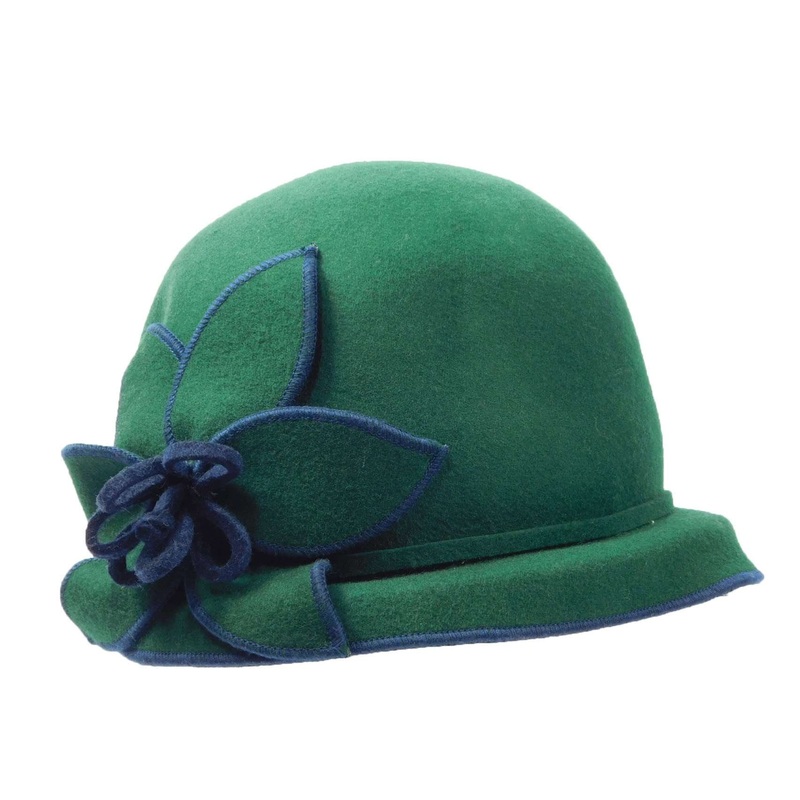 Structured Brim Cloche with Big Flower Accent Green