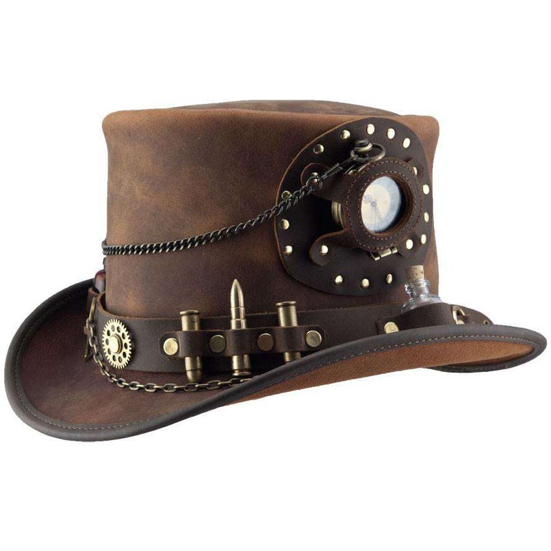 Time Port Leather Steampunk Top Hat, Brown up to 3XL -Steampunk Hatter Brown Small