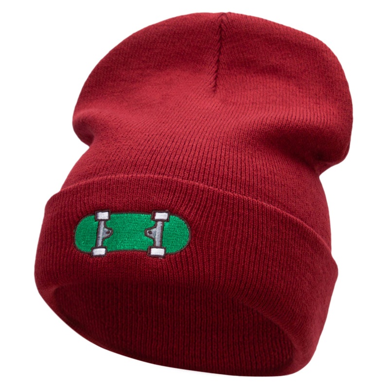 Green Skateboard Embroidered 12 Inch Long Knitted Beanie Maroon One Size