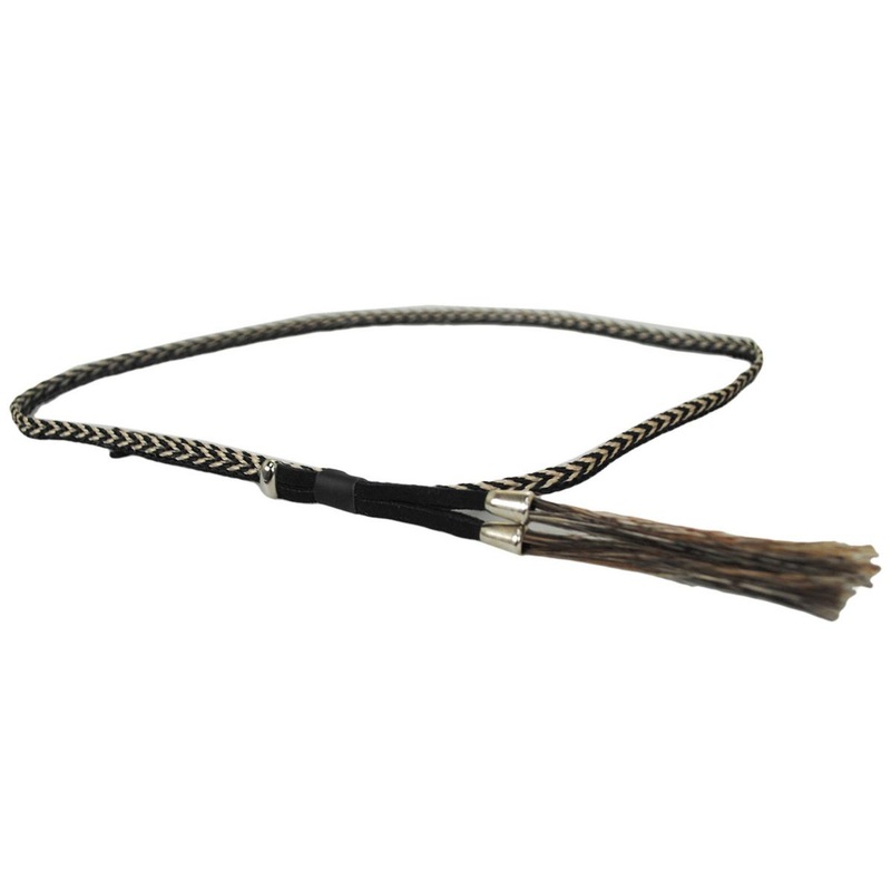 Horse Hair Braid with Side Double Tassels Hat Band BLACK/WHITE ADJUSTABLE